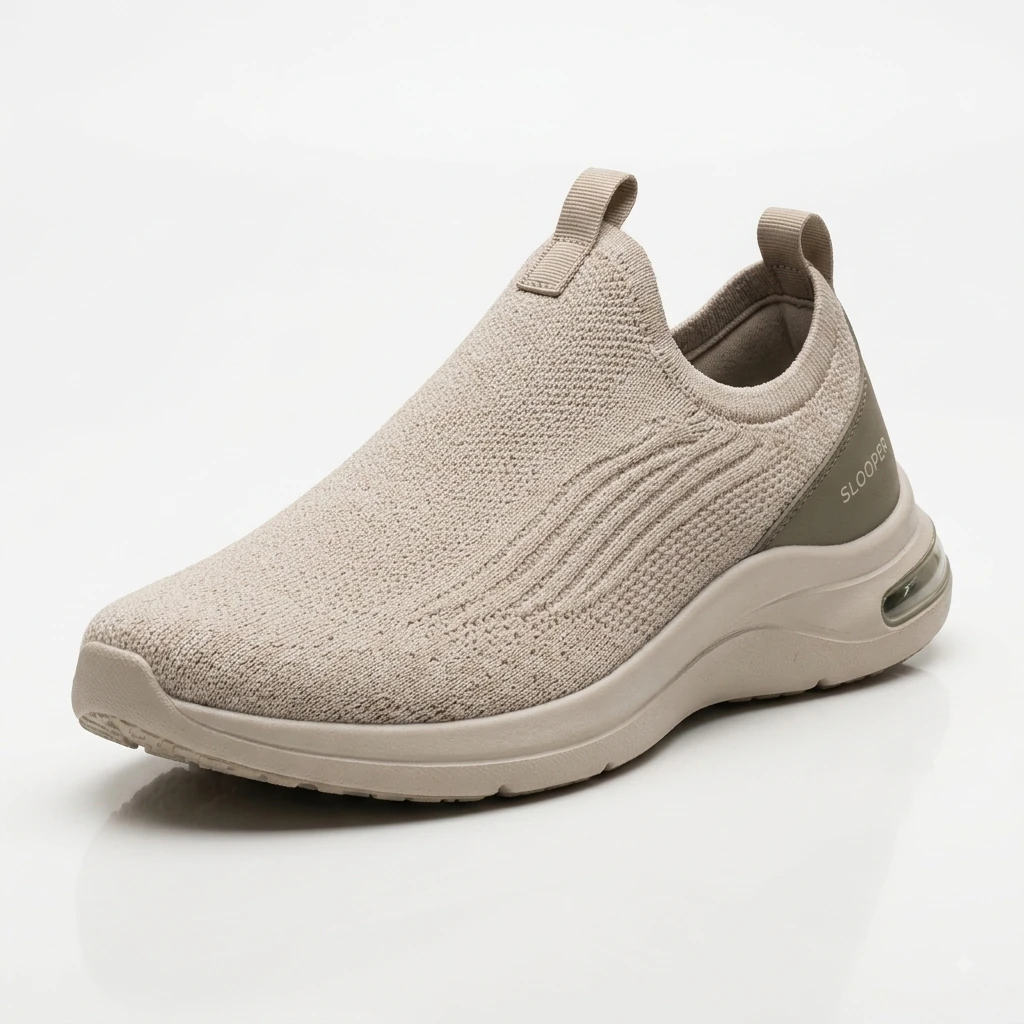 The Slooper hybrid slip-on in Stone — knit upper, olive heel counter, CloudMax cushioned sole
