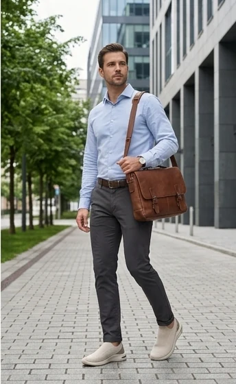 Man in a blue shirt with a leather messenger bag walking through the city in Sand Sloopers
